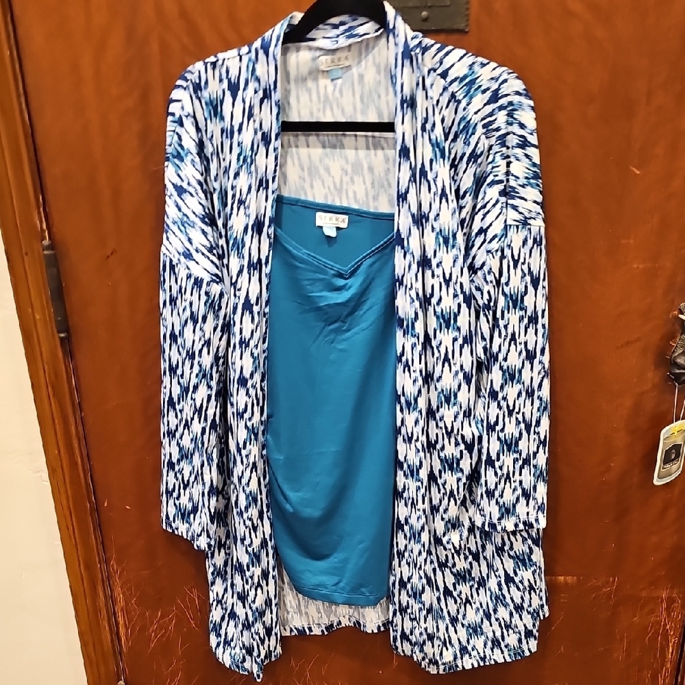 Blue and White Patterned Cardigan with Teal Top